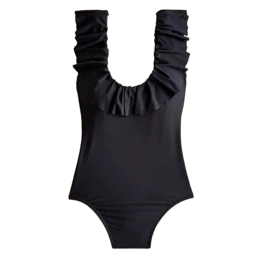 J. Crew Factory NWT Black Ruffle Neckline Scooped Back One-Piece Swimsuit
